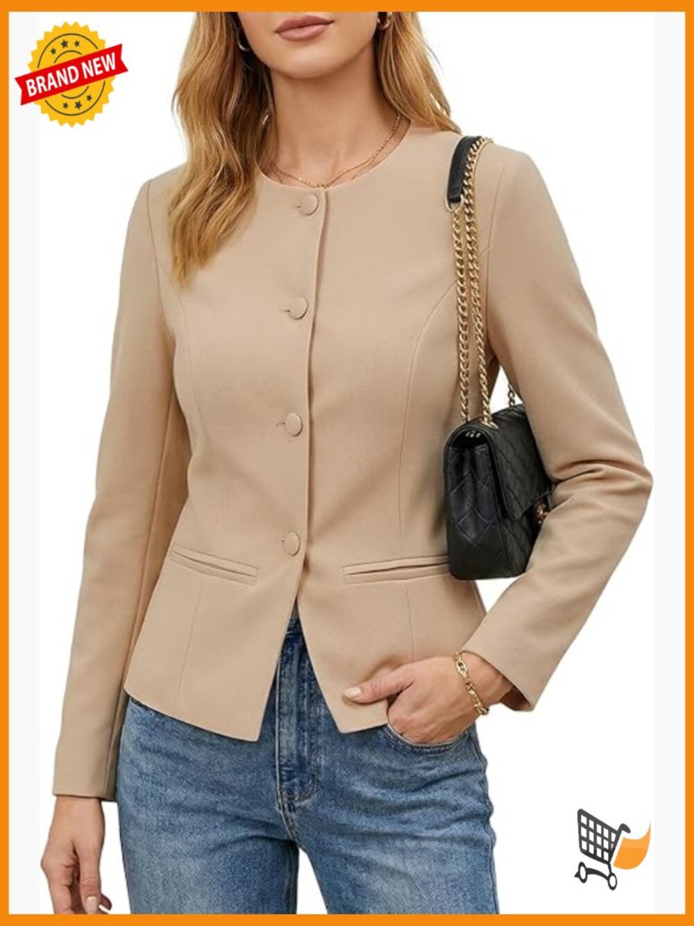 Womens Collarless Blazer with Adjustable Back Drawstring, Single-Breasted